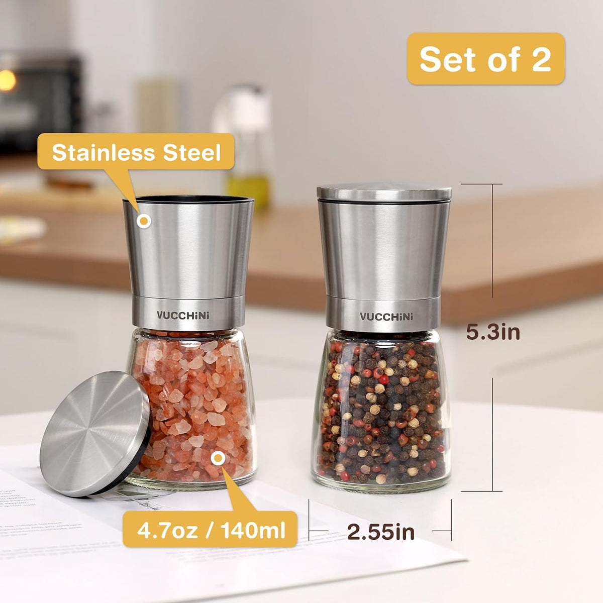Vucchini Gold Salt and Pepper Grinder Mill Adjustable Coarseness Ceramic