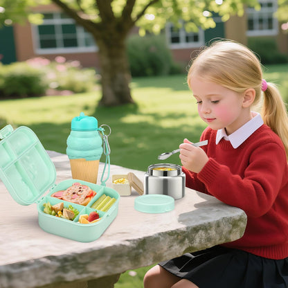 Aimsnk Magical Dinosaur Kids Lunch Box Set -12oz Insulated Food Jar, Leakproof Lunch Food Containers Cutlery, Leak-Proof Sauce Cup & Spoon, Gradient Green+Jar Green