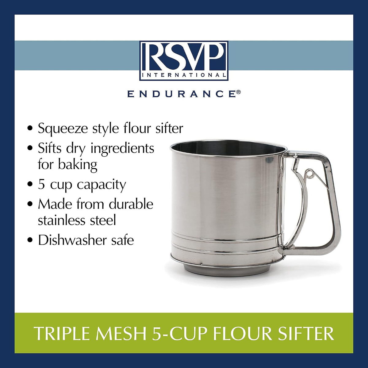 RSVP International Endurance® Stainless Steel Vintage One-Hand Sifter, 1 Cup | Top Cakes, Sift Flour, Marinade BBQ & More | Dishwasher Safe | Powder Sugar, Sift Flour, Spread Toppings & More