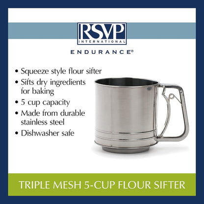 RSVP International Endurance® Stainless Steel Vintage One-Hand Sifter, 1 Cup | Top Cakes, Sift Flour, Marinade BBQ & More | Dishwasher Safe | Powder Sugar, Sift Flour, Spread Toppings & More