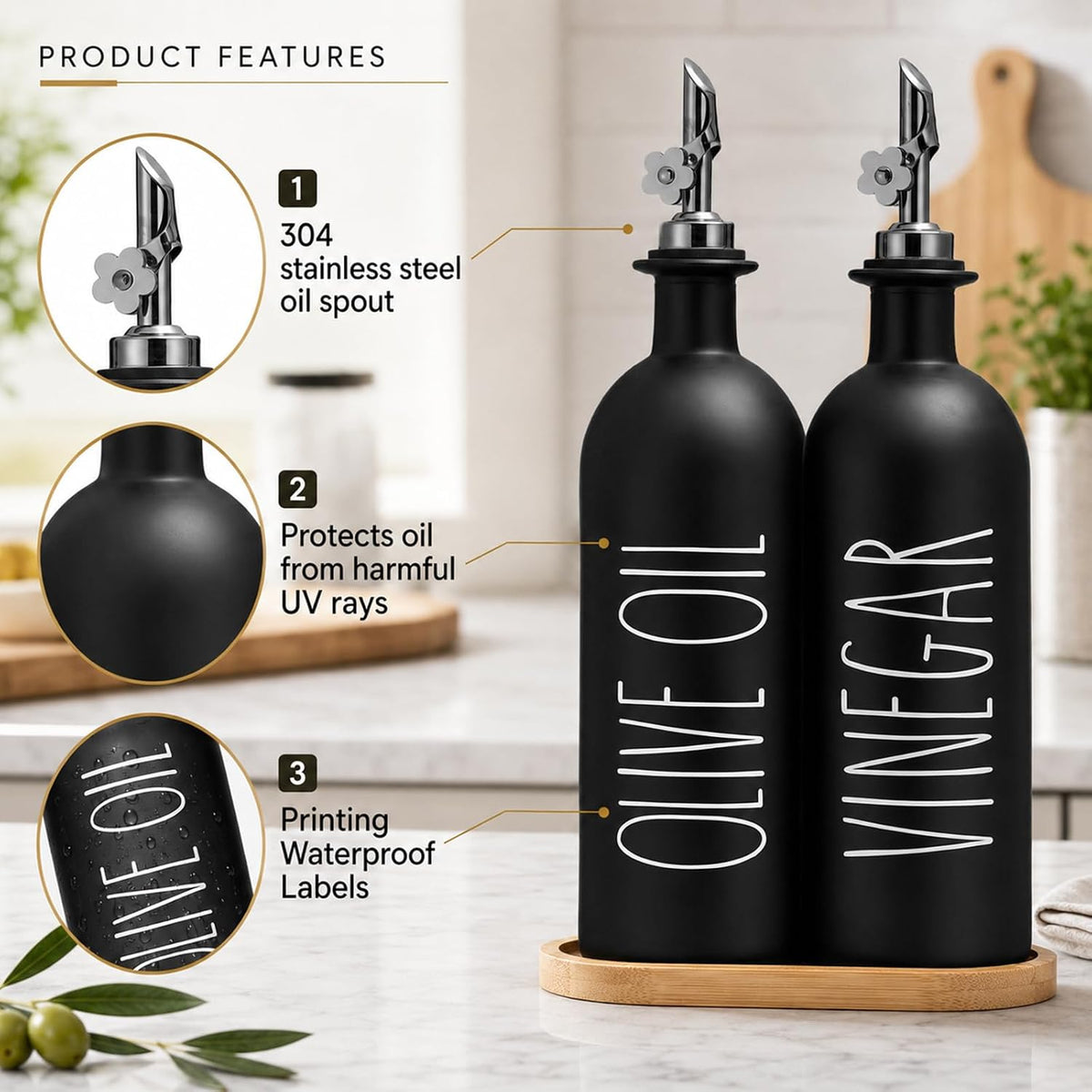 HOMCDALY Premium Olive Oil Dispenser for Kitchen, 11.8oz Glass Oil Bottles with Bamboo Tray, White Oil&Vinegar Cruet Set, Kitchen Dispenser Bottles with Pourer| Set of 2 (11.8oz –P–White)