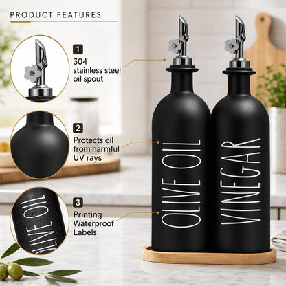 HOMCDALY Premium Olive Oil Dispenser for Kitchen, 11.8oz Glass Oil Bottles with Bamboo Tray, White Oil&Vinegar Cruet Set, Kitchen Dispenser Bottles with Pourer| Set of 2 (11.8oz –P–White)