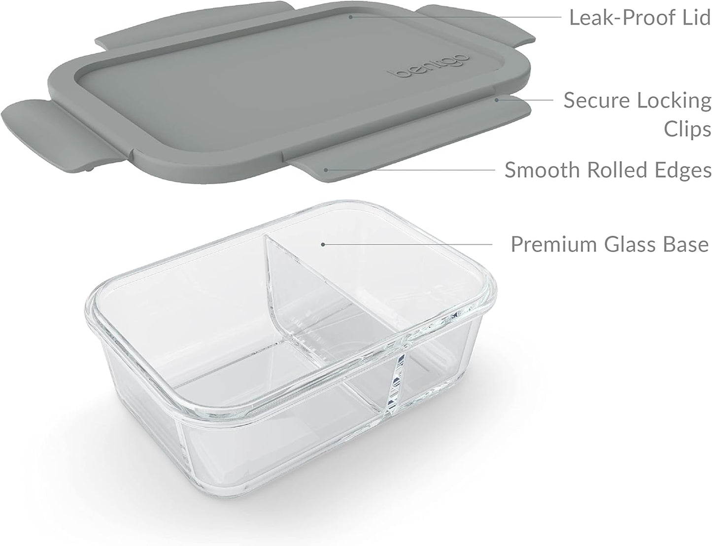 Bentgo® Glass Snack - Leak-Proof Bento-Style Snack Container with Airtight Lid and Divided 2-Compartment Design - 1.75 Cup Capacity for Meal Prepping, and Portion-Controlled Snacking (Gray)
