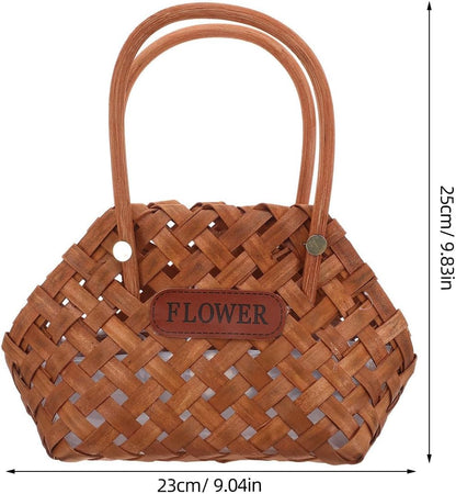 Handwoven Wooden Basket with Ergonomic Handle for Spring Picnic Essentials and Fruit Storage, Strong and Flexible Wood Chip Material, Multipurpose Rustic Basket for Family