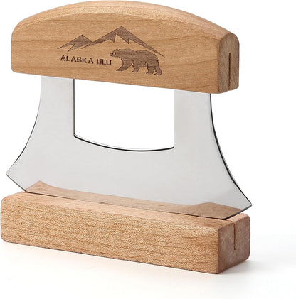 5inch Alaskan Mezzaluna Ulu Knife, Salad Veggies Rocker Chopper Slicer Cutter Hashing Chopping Mincing Cleaver with Wooden Stand Arthritic Tool