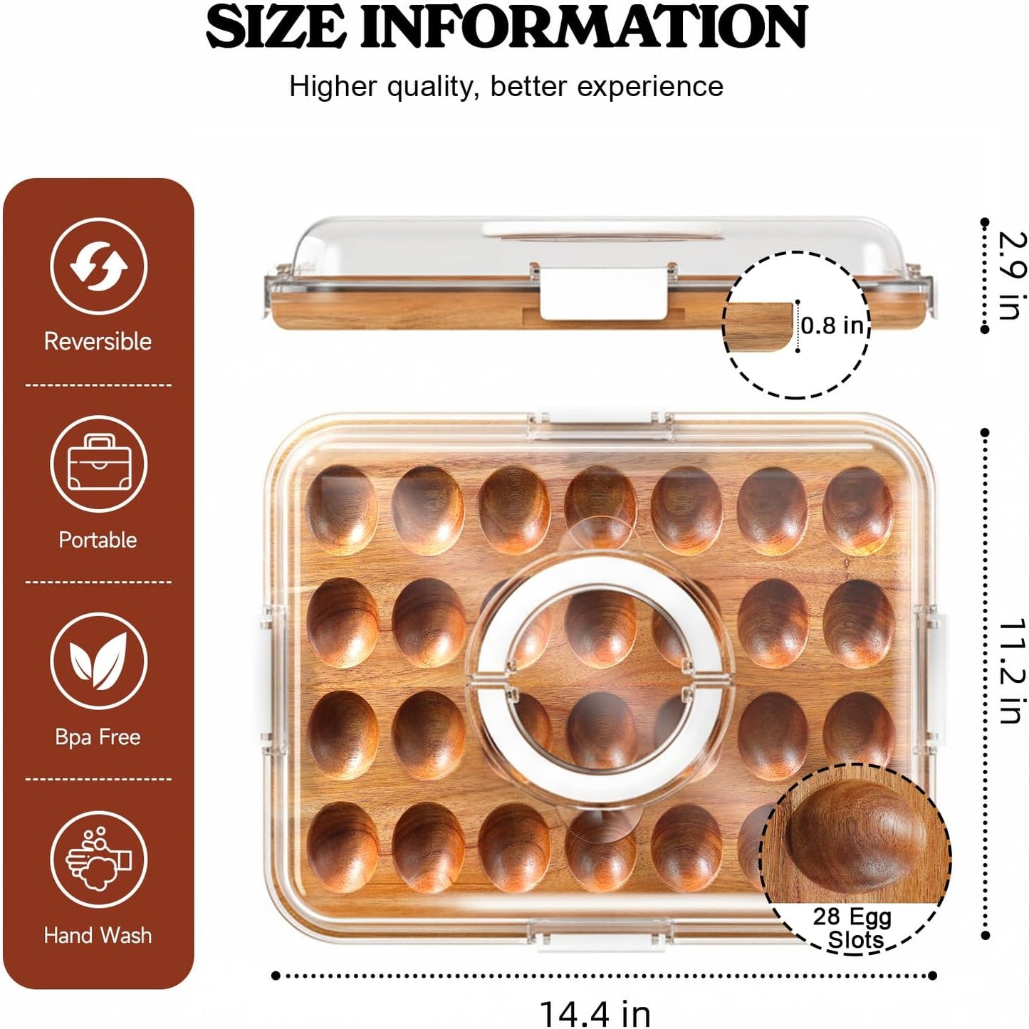 Renmxj Deviled Egg Containers with Lid, 28 Holes Reversible Acacia Wooden Deviled Egg Platter, Lid Dishwasher Safe Egg Tray, Ideal Gift for Women Kitchen & Party (Black)