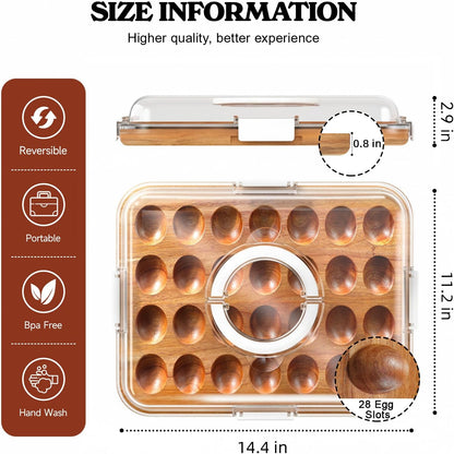 Renmxj Deviled Egg Containers with Lid, 28 Holes Reversible Acacia Wooden Deviled Egg Platter, Lid Dishwasher Safe Egg Tray, Ideal Gift for Women Kitchen & Party (Black)