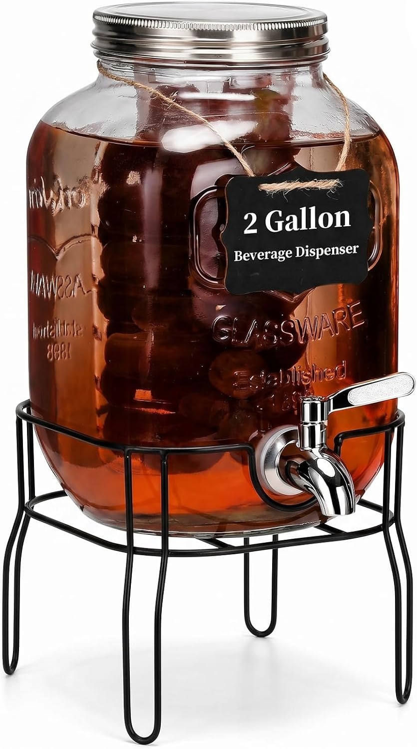 2 Gallon Drink Dispenser with 18/8 Stainless Steel Spigot, Sun Tea Glass Mason Jar for Outside, Iced Lemonade Beverage Dispenser with Fruit Infuser, Large Water Juice Jug, Punch Dispenser for Parties