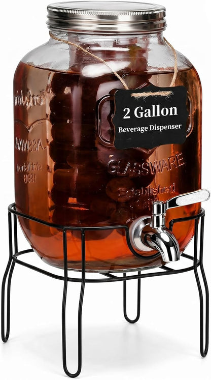 2 Gallon Drink Dispenser with 18/8 Stainless Steel Spigot, Sun Tea Glass Mason Jar for Outside, Iced Lemonade Beverage Dispenser with Fruit Infuser, Large Water Juice Jug, Punch Dispenser for Parties