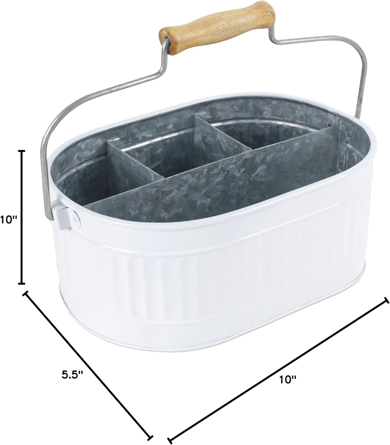 Alpha Living Home Galvanized Metal Utensil Caddy - Rustic Farmhouse Organizer Metal Garden Caddy with 4 Compartments and Wooden Handle for Kitchen, Buffet & Outdoor Events (Silver)