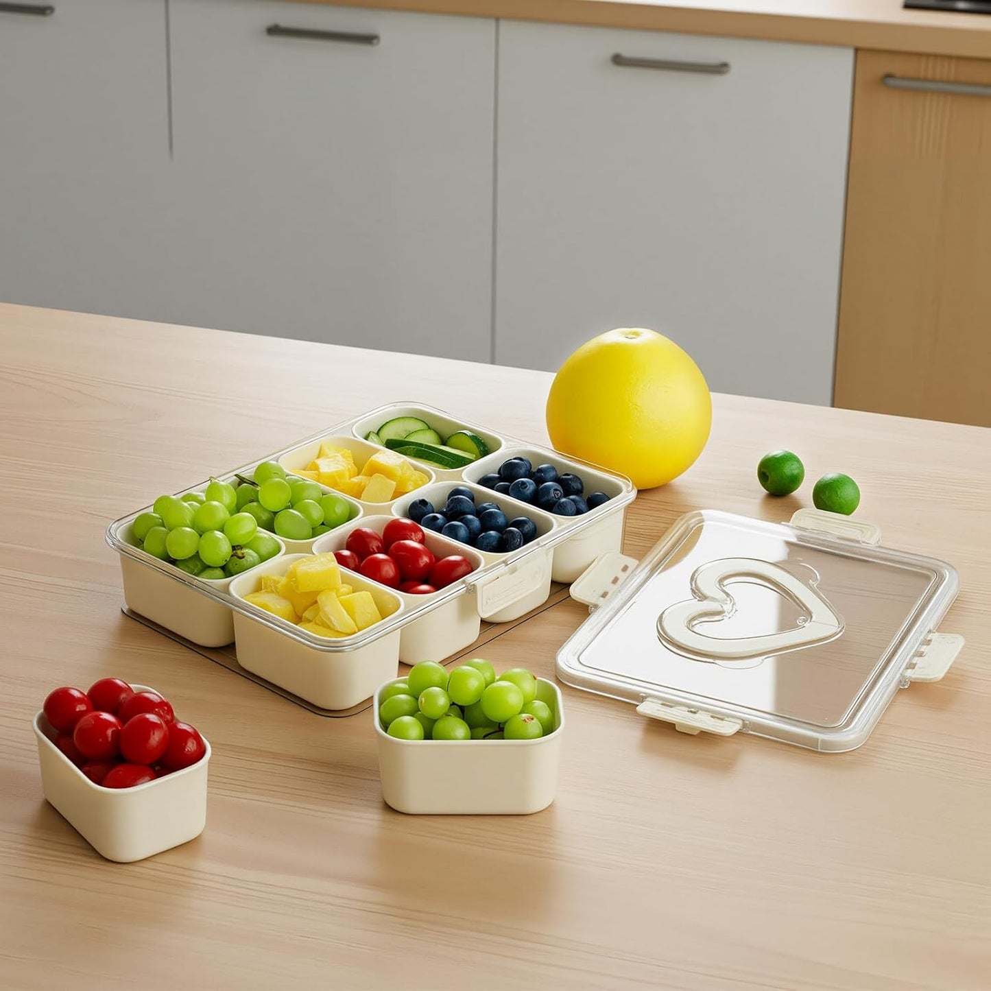 Portable Divided Snackle Box Serving Tray with Lid & Handle | Travel-friendly storage organizer. Multiple compartments for fruits, snacks, and sauces. Secure lid keeps food fresh.