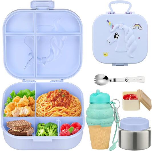 Aimsnk Magical Dinosaur Kids Lunch Box Set -12oz Insulated Food Jar, Leakproof Lunch Food Containers Cutlery, Leak-Proof Sauce Cup & Spoon, Gradient Green+Jar Green
