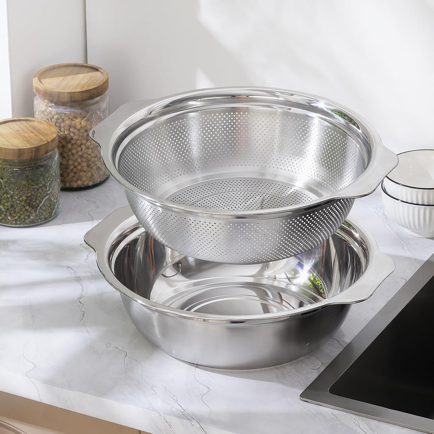 Stainless Steel Colander for Kitchen 2-Quart, Strainer Microporous with Mixing Bowl, Rice Strainer for Washing Vegetables, Fruit and Draining Cooked Pasta, Dishwasher Safe
