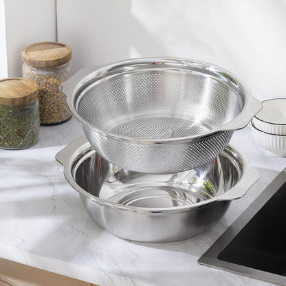 Stainless Steel Colander for Kitchen 2-Quart, Strainer Microporous with Mixing Bowl, Rice Strainer for Washing Vegetables, Fruit and Draining Cooked Pasta, Dishwasher Safe