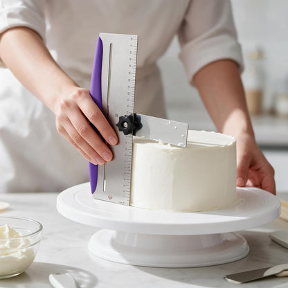 12 Inch Cake Scraper Smoother, Stainless Steel Cake Bench Scraper Decorating Tools for Icing Frosting Cream Edge - Adjustable Kitchen Spatula for Mousse, Cheese, Cream Cake (Purple)