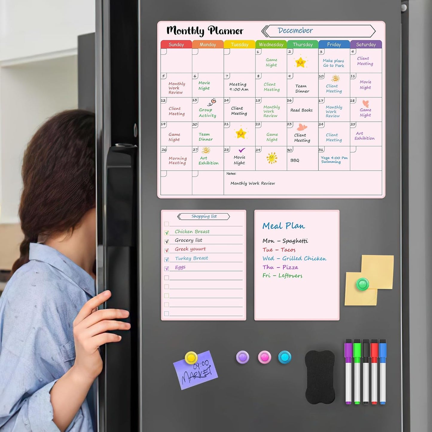 MaxGear 4 Pack Magnetic Fridge Calendar Set, 15" x 11.5" Dry Erase Whiteboard Calendar for Refrigerator, Includes Monthly, Weekly, List and Small Board with 5 Markers, 1 Eraser and 5 Magnets