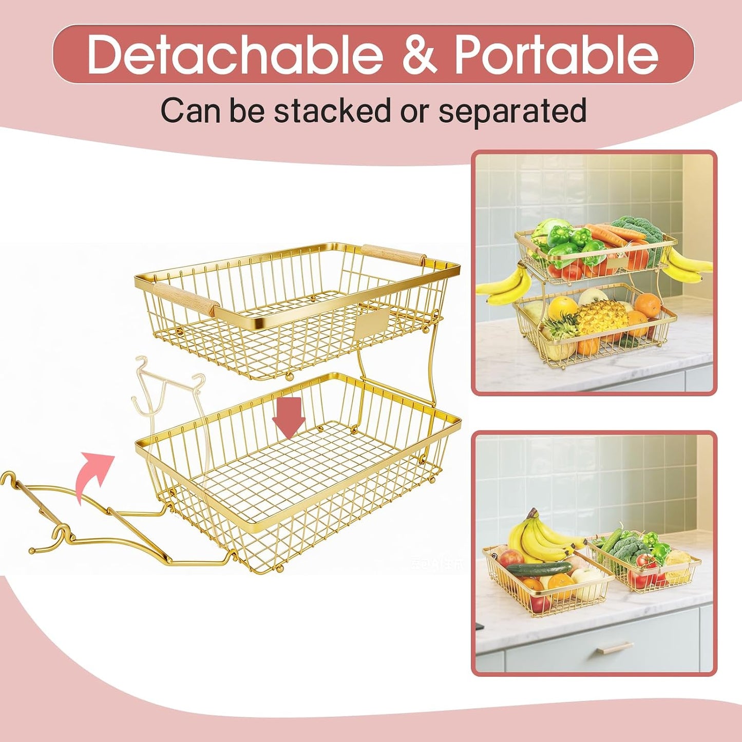 Fruit Basket Bowl 2 Tier Detachable with 2 Banana Hangers, Fruit Stand Holder for Kitchen Countertop, Metal Wire Vegetable Storage Organizer, for Bread Snack Veggies Produce, Black