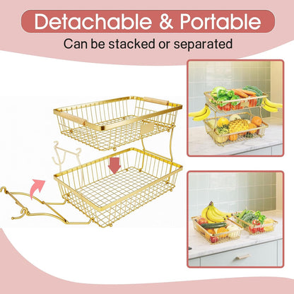 Fruit Basket Bowl 2 Tier Detachable with 2 Banana Hangers, Fruit Stand Holder for Kitchen Countertop, Metal Wire Vegetable Storage Organizer, for Bread Snack Veggies Produce, Black
