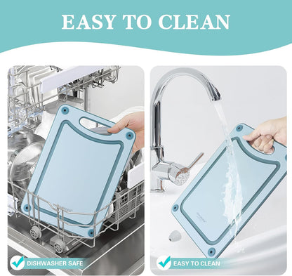 Finorder Set of 3 Sizes Cutting Board, Blue Double Side Non Slip Cutting Boards with Easy Grip Handle and Juice Grooves, BPA-Free Dishwasher Safe Reversible Chopping Board for Veggies Chopping Meat