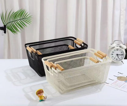 AJIODA Metal Mesh Steel Basket, Large Wire Storage Organizer Basket Multi-function Hanging Kitchen Baskets with Wood Handle for Kitchen Bathroom Picnic Home, Rectangle-Off White