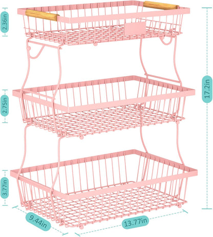 2 Tier Fruit Basket for Kitchen Counter with 2 Banana Hangers, Countertop Metal Bread Basket with Wooden Handle, Large Storage Stand for Vegetables, Snacks, Eggs, Produce Storage – Black