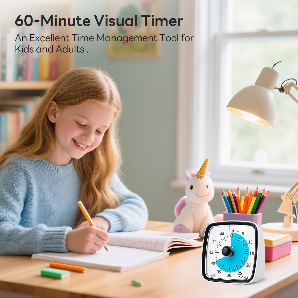 Yunbaoit Visual Timer with Night Light, 60 Minute Countdown, Light Blue