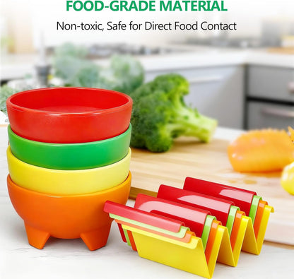 FoldTier Mexican Taco Holder Stands with Salsa Bowls Set of 24 Food Grade Plastic Dishwasher Safe Upright Trays Dipping Bowls For taco Night, Cinco De Mayo, Family Gatherings, Party(Black)