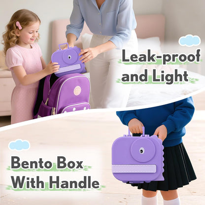 Lunch Box Kids with 5 Compartments, Insulated Food Jar & Utensils, Leak Proof Bento Box with Sauce Container, BPA-Free & Dishwasher Safe, Dinosaur Design(Purple)