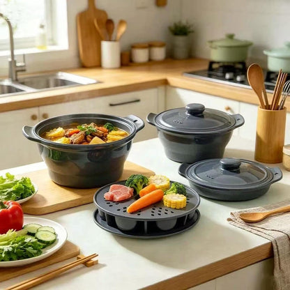 Collapsible Silicone Microwave Vegetable Steamer with Removable Steam Rack,42oz Heat-Resistant Cooker with Steam Holes,Easy to Store Freezer Dishwasher Safe,BPA Free (Grey)