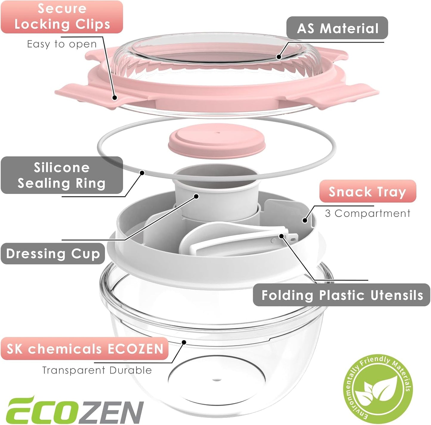 WHALEHOUSE Clear Eco-friendly SK chemicals ECOZEN Salad Container, 33OZ Portable Plastic Salad Bowls with Lid & Snack Tray, Leak-Proof Dressing Container, Reusable Fork, Lunch Box for Meal Prep (Pink)