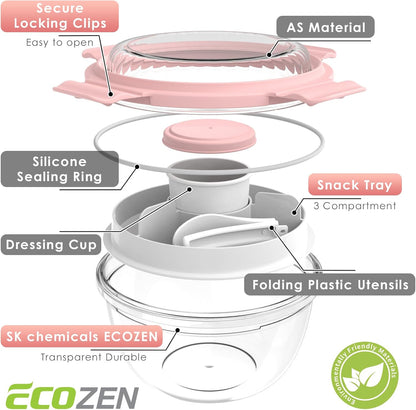 WHALEHOUSE Clear Eco-friendly SK chemicals ECOZEN Salad Container, 33OZ Portable Plastic Salad Bowls with Lid & Snack Tray, Leak-Proof Dressing Container, Reusable Fork, Lunch Box for Meal Prep (Pink)