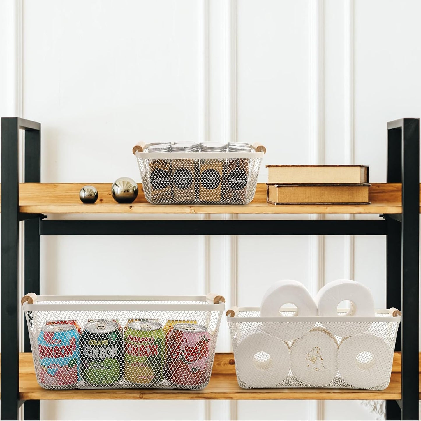 Noamus 3 Pack Metal Mesh Baskets with Wood Handle, Iron Storage Organizer Basket, Cream White Wire Countertop Baskets for Organizing, Cabinet Pantry Closet Bedroom Kitchen(3 Size)