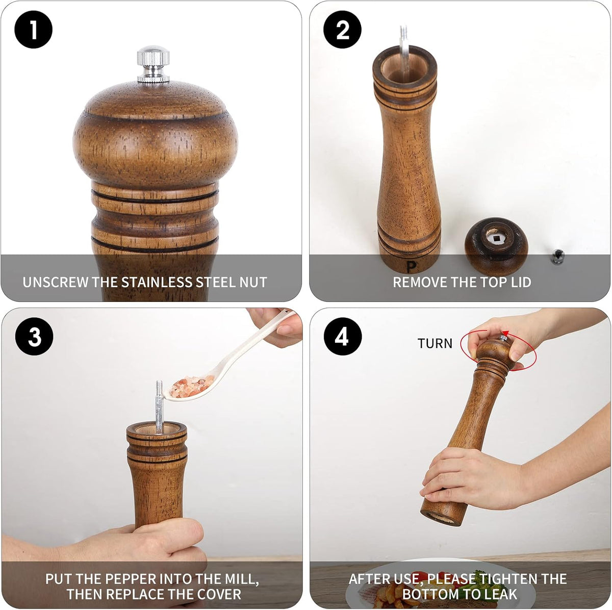 Acacia Wood Pepper Grinder, 8 Inch Salt Mill Pepper Mill for Kitchen