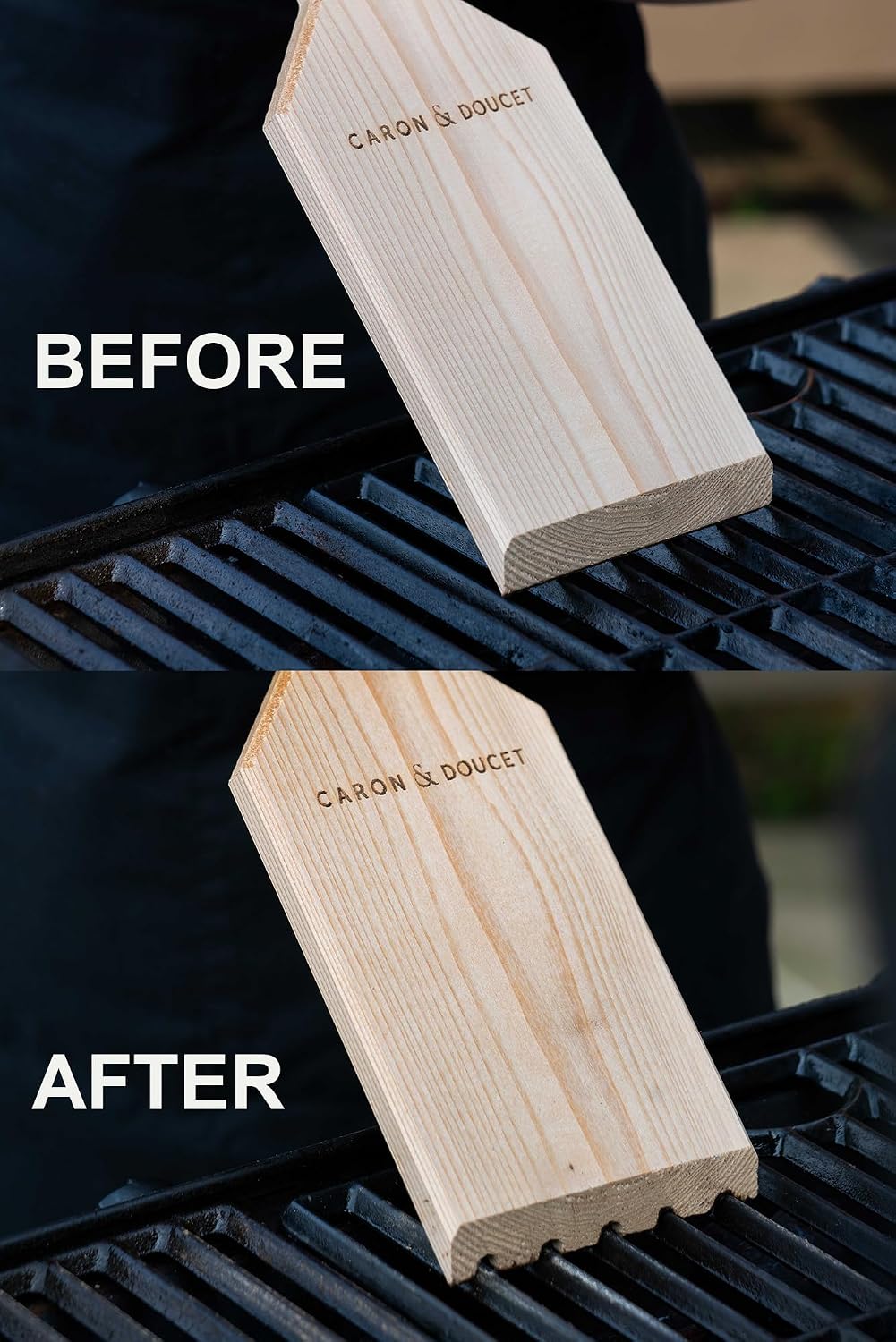 CARON & DOUCET BBQ Grill Cleaner Oil (16oz) & Natural Red Cedar Wood BBQ Grill Scraper Bundle – Wire Bristle Free, Safe Tool for Gas & Charcoal Grates