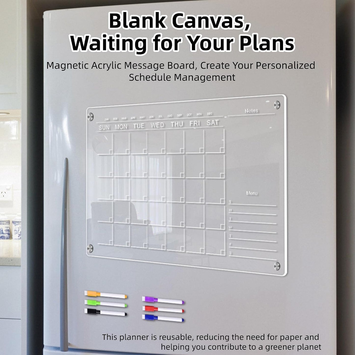 Magnetic Fridge Calendar, 16.5"x11.7" Large Acrylic Dry Erase Board with Markers, for Family Meal Planning & Kitchen Organization