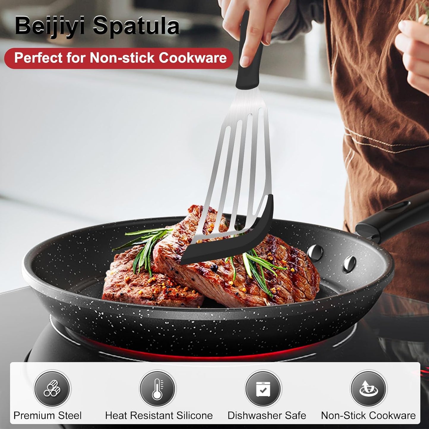 Beijiyi 2-Piece Silicone Fish Spatula for Nonstick Cookware, Heat Resistant | BPA Free, Flexible & Thin Edge, Scratch-Free, Slotted Turner, Kitchen Use, Cooking Flipper for Egg, Pancake, Dishwasher Safe