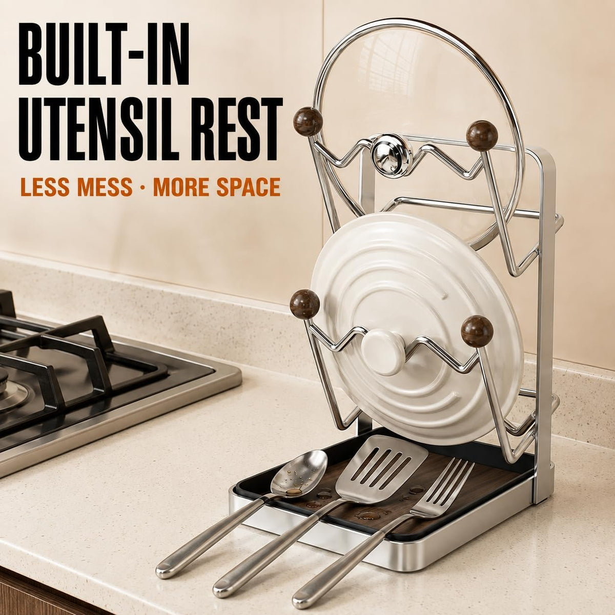 2-Tier Pot Lid Organizer and Cutting Board Holder for Kitchen Counter