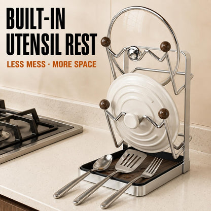 2-Tier Pot Lid Organizer and Cutting Board Holder for Kitchen Counter