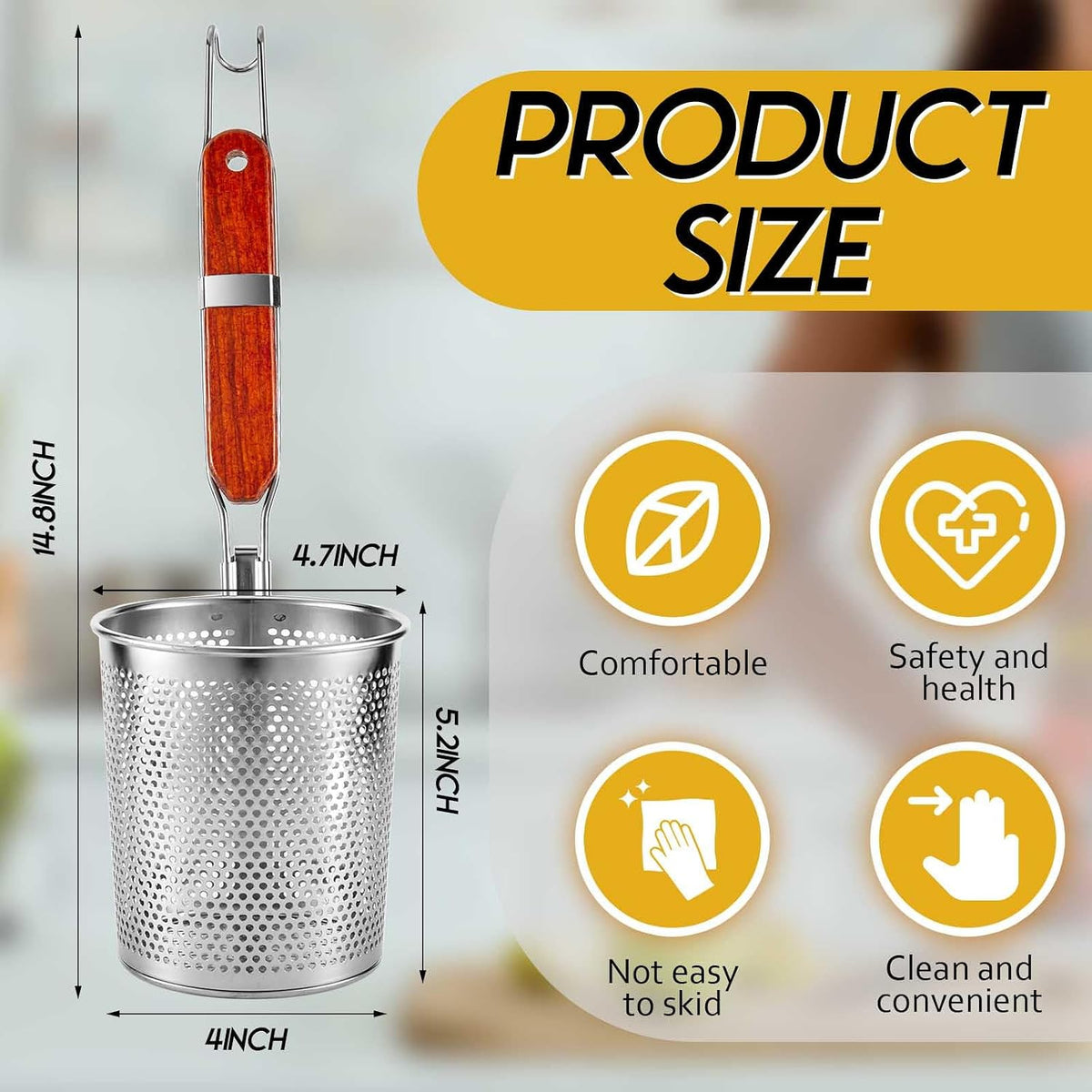 Tessco 4 Pcs Pasta Strainer, 4.7" x 5.2'' Stainless Steel Pasta Basket Mesh Cooker with Wood Handle, Spider Strainer Kitchen Skimmer for Food Dumpling Noodle Blanching(Dark Color)