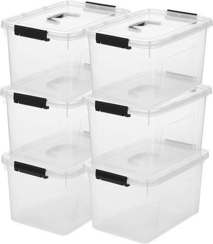6 Quart Stackable Plastic Storage Bins with Lids, 6 Pack Clear Black Small Organizer Boxes with Latches for Bathroom, Pantry, Office Desk and Small Item Storage