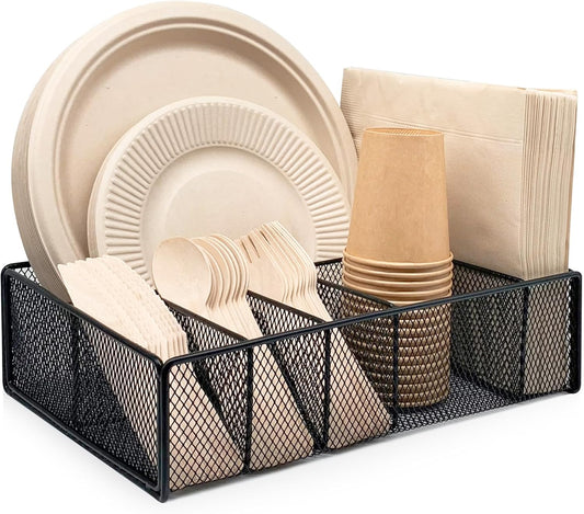 Dysanvica Metal Paper Plate Holder - Utensil Silverware Caddy for Kitchen Counter Cabinet Cutlery Flatware Organizer Storage Dispenser Box for Plastic Spoon Fork Plates Napkins Cup Party Camping White