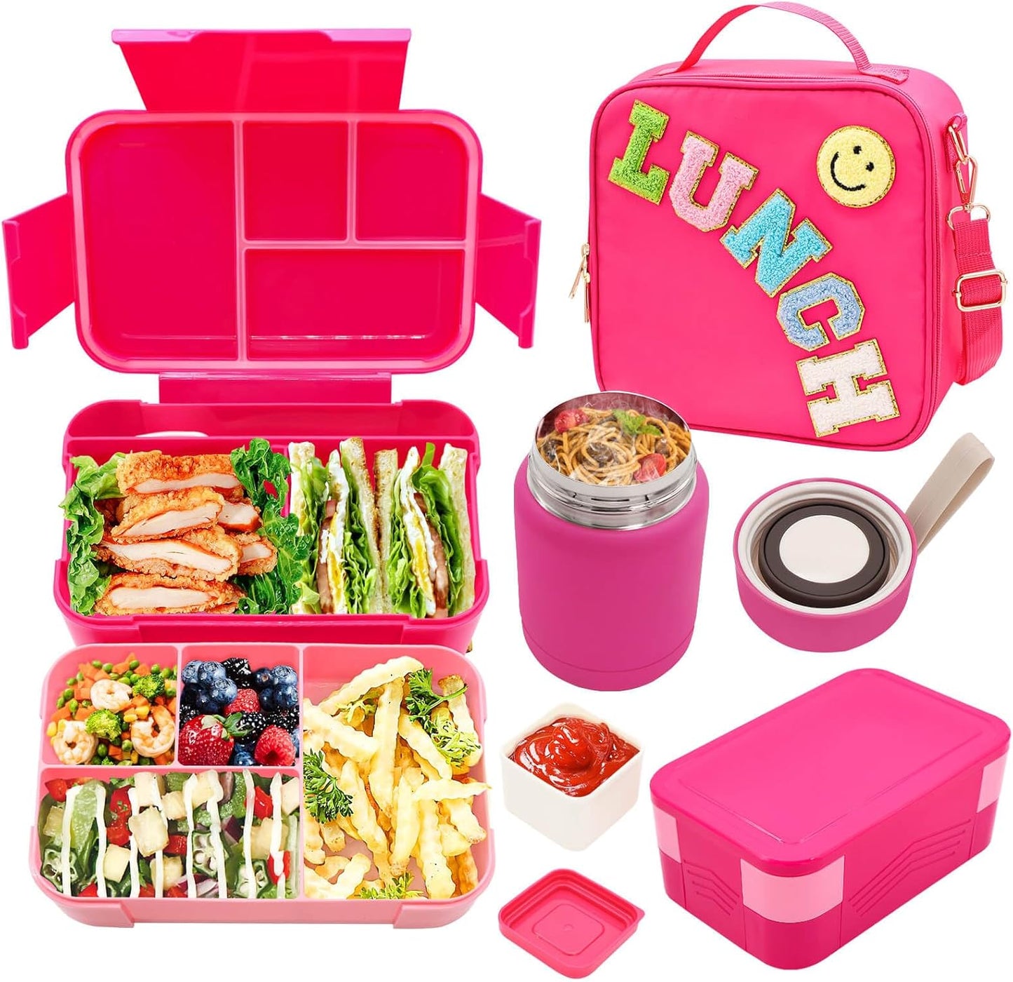 Insulated Lunch Bag for Boys Girls with 10oz Thermo, with 6 Compartment Bento Box, Black Nylon Preppy Lunch Box Adjustable Strap for Boy Girl Kids Teens School Travel Picnic