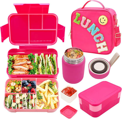 Insulated Lunch Bag for Boys Girls with 10oz Thermo, with 6 Compartment Bento Box, Black Nylon Preppy Lunch Box Adjustable Strap for Boy Girl Kids Teens School Travel Picnic