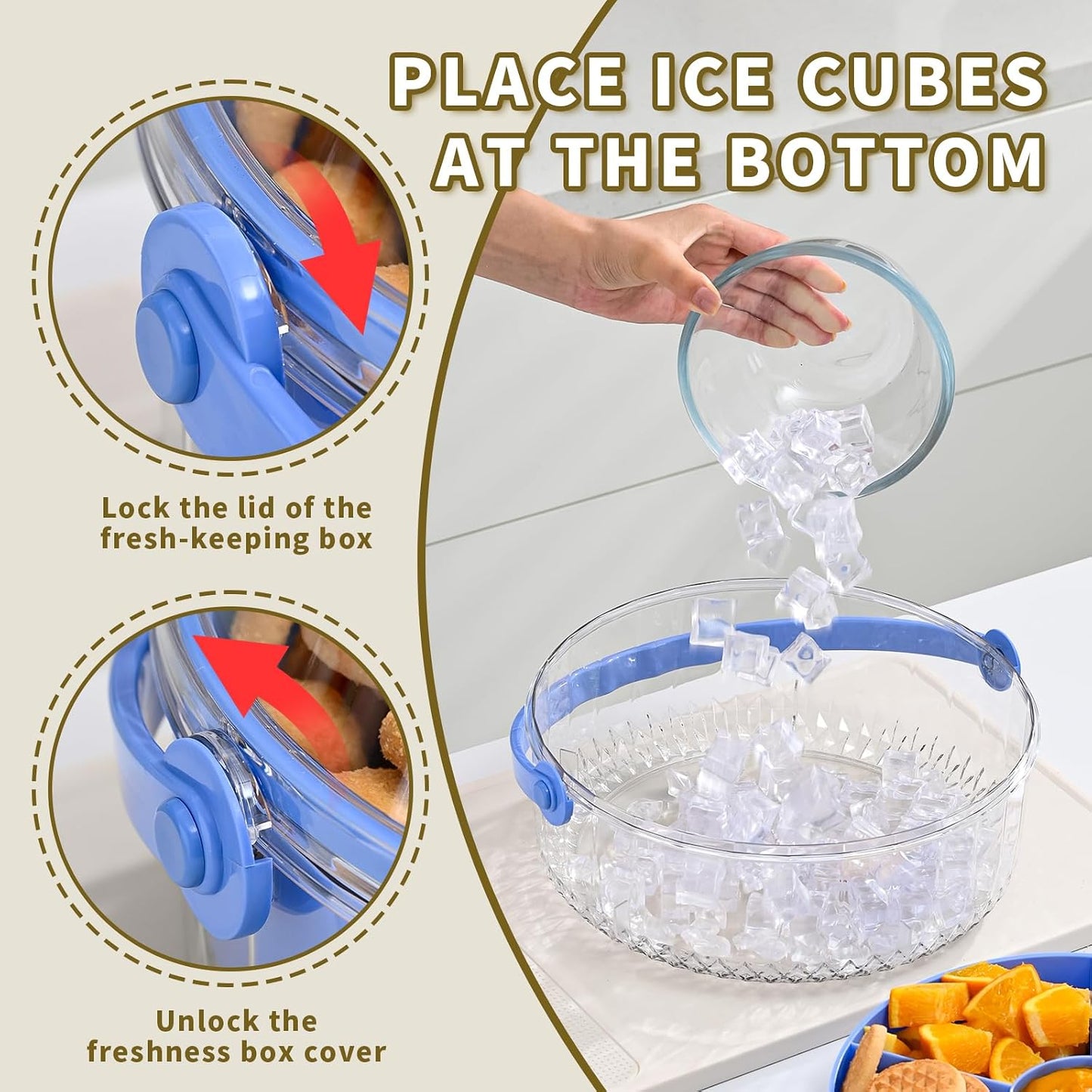 Fruit Ice Divided Serving Tray with Lid and handle,Chilled Veggie Tray,Shrimp Cocktail Serving Dish,Ideal Cold Chilled Serving Platter for Parties,Vegetables,Appetizer,Salads,Picnic,Appetizers,Travel