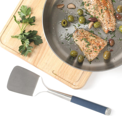 Calphalon Slotted Turner, Kitchen Flipping Spatula, Slotted Spatula, Stainless Steel Turner with Silicone Heat Resistance Handle, Nonstick-Safe Spatula for Draining and Flipping (Navy)
