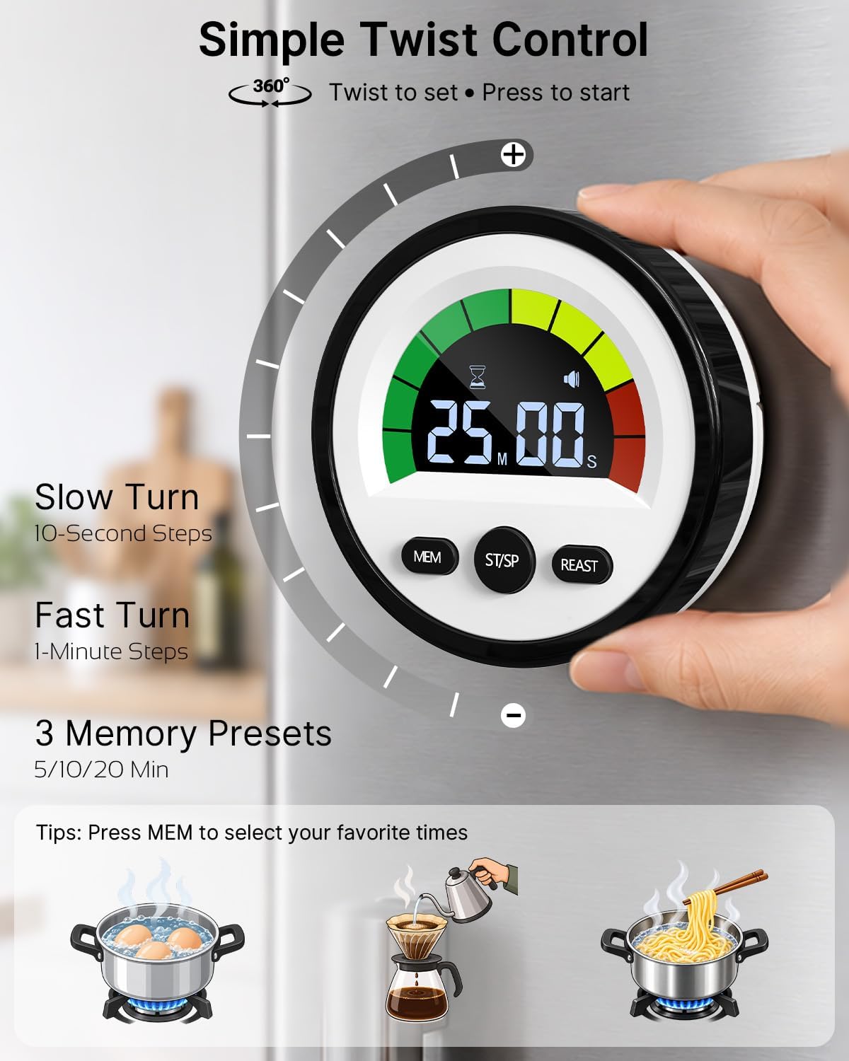 Digital Magnetic Kitchen Timer for Cooking, Rechargeable, Loud Alarm