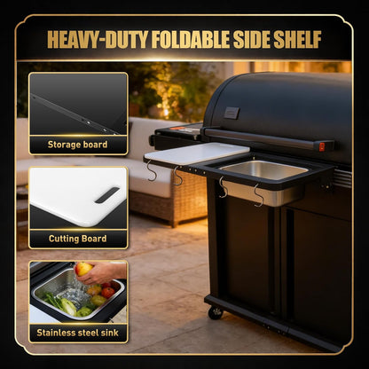 QuliMetal Folding Front Shelf for Traeger Pro 34, Texas Elite 34, Century 885 and Eastwood 34, 37" x 12" Heavy-Duty Grill Prep Table with Cutting Board, Stainless Steel Basin, Lid and 5 Hooks