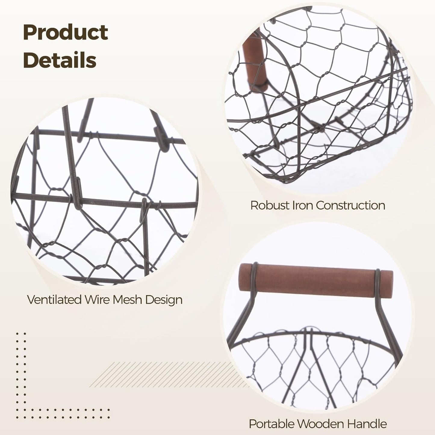 2 Pcs Chicken Wire Egg Baskets, Farmhouse Chicken Egg Collecting Baskets, Rustic Metal torages with Wooden Handle, Small Stackable Holders for Fruits, Vegetables, Sundries