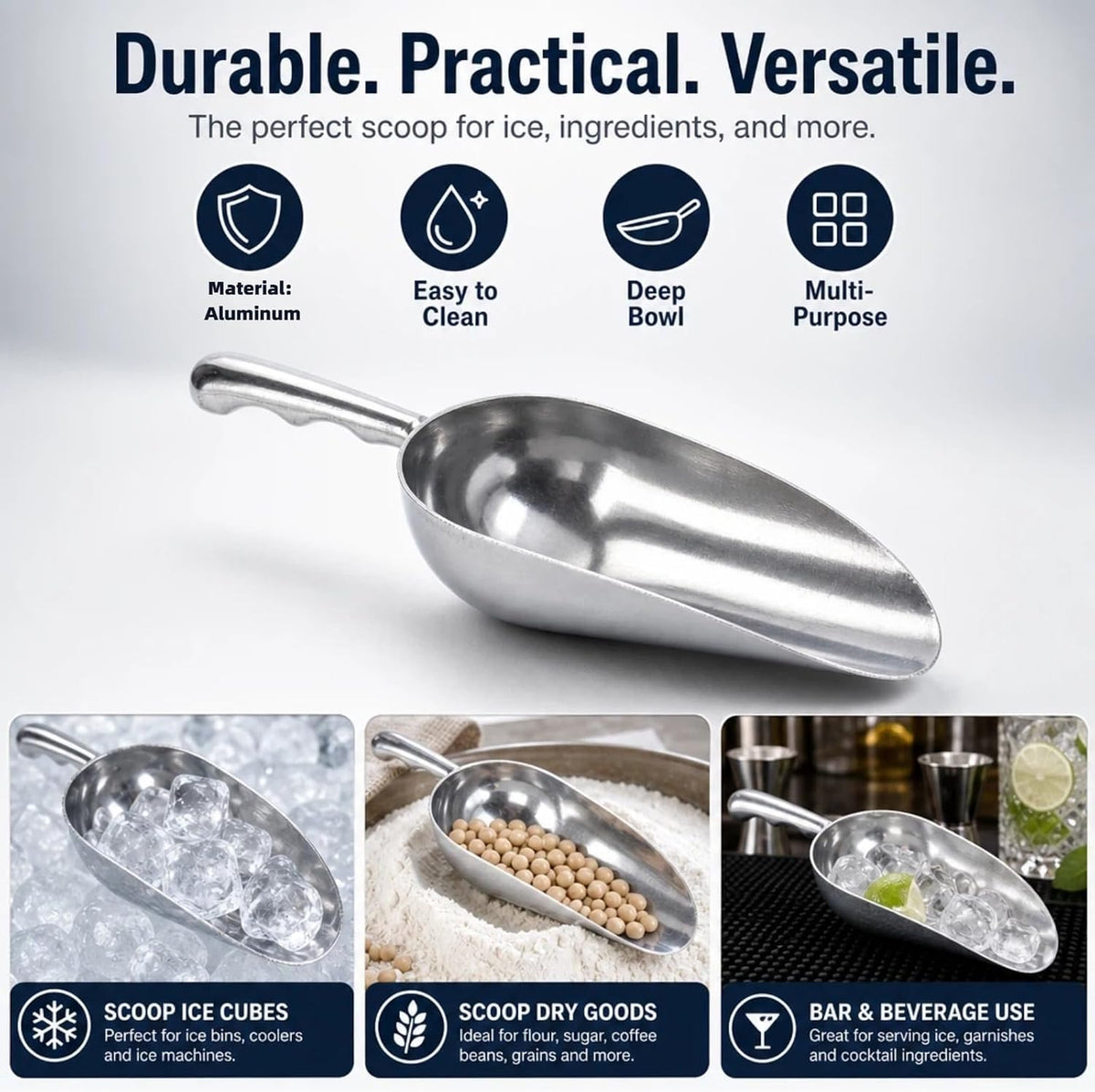 Cast Aluminum 5oz Utility Scoop, Round Bottom Multi-Purpose Ice Scooper with Finger Groove Handle,Food Grade Solid Conical Scoop for Ice Maker Flour Cereal Popcorn Pet Food