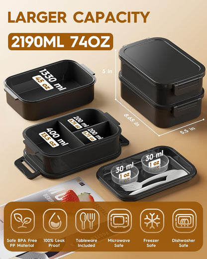 KEMETHY Adults Bento Lunch Box Set with Thermo Bag, 74oz Stackable Leak-proof 3-tiers Bento Box, Built-in Utensil and Sauce Container for Work, School, Dining Out (Gray)